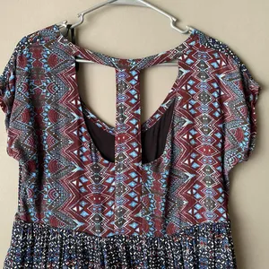 Free People Rayon Boho Beachy Relaxed Geometric T-Back Mini Dress Small‎ Blue thumbnail 7