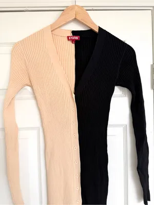 STAUD Shoko Two Tone Ribbed Button Down Midi Dress Colorblock Cream tan Black XS thumbnail 6