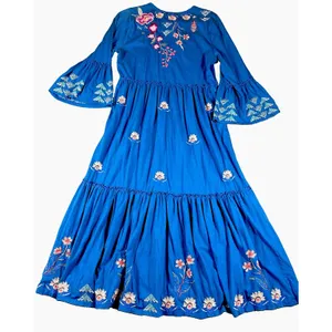 Johnny Was Bluebelle Embroidered Teal Maxi Dress S Bell Sleeve Peasant Tiered thumbnail 5