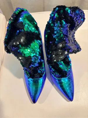 Liliana Iridescent Blue-Green Sequin Pointed Stiletto Boots thumbnail 8