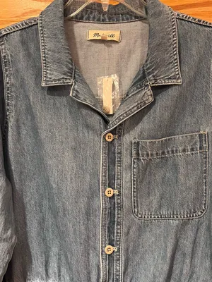 Madewell Denim Long-Sleeve Button-Front Cotton Romper in Rushland‎ Wash Size XXL thumbnail 6