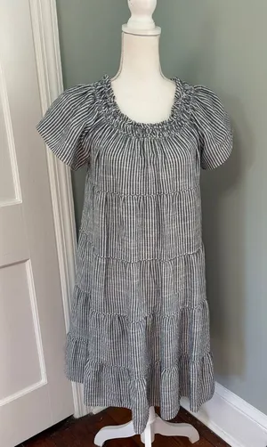 Max Studio Striped Short-Sleeve Tiered Babydoll‎ Dress Gray/White Small thumbnail 1