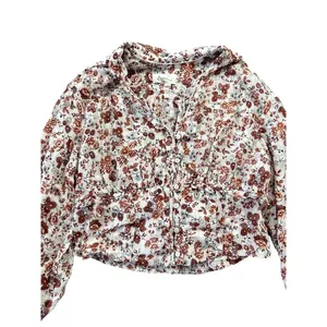 Anthropologie Gauzy Cream Floral‎ Button Front Cropped Blouse Rust Long Sleeve thumbnail 2