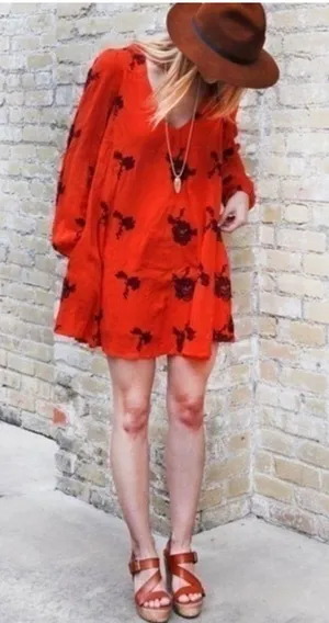 Free People Orange Embroidered Floral Mini Dress Back Cutout XS Whimsigoth Boho thumbnail 1