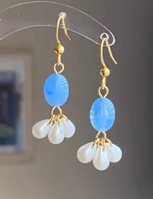 Handmade beautiful German beads & faux pearl dangle earrings🩵 thumbnail 1