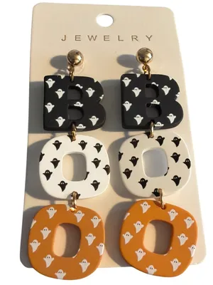 Halloween Ghost Boo Dangle Earrings Black White Orange Colors Lightweight 3" NEW thumbnail 1