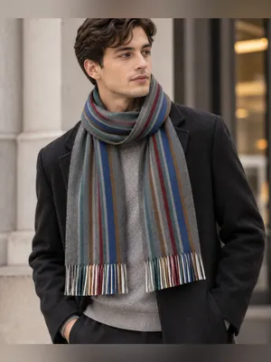100% Wool Scarf Gray Multicolor Striped Fringe Soft Winter Unisex 61” thumbnail 4