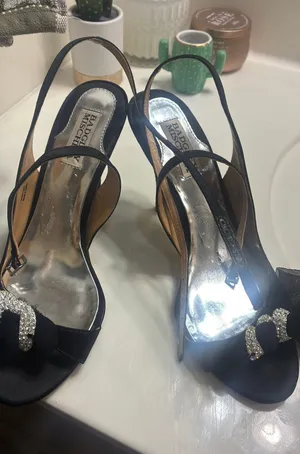 Black Satin Rhinestone Badgley Mischka Heels Jewel Liberty Strap 8 thumbnail 1