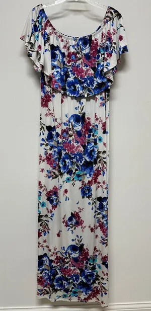White with bright Blue & Pink Floral On or Off the Shoulder Maxi Dress size 3XL thumbnail 1