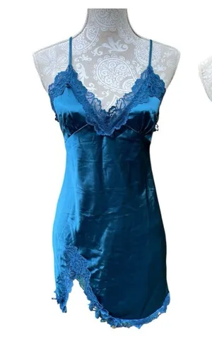 Teal Blue Satin Lace Slip Dress Chemise M Y2K Lingerie Aesthetic Feminine Coquet thumbnail 1