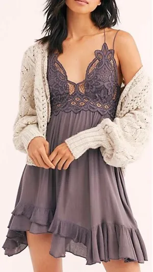 FP One Adela Lace Strappy Smocked Boho Dainty Fairy Core Gray Purple Dress S thumbnail 1