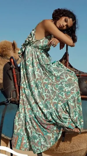 💖 Bella Boheme Green Paisley Enya Maxi Tiered Ruffle Dress Boho Goddess Coastal thumbnail 1