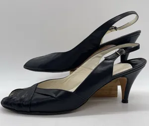 Vtg Stanley Phillipson Womens 9.5 SS‎ Heels Black Leather Slingback Open Toe USA thumbnail 1
