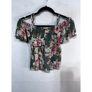Billabong Green Floral Off-the-Shoulder Ruffle Top Small Boho Tropical Tourist thumbnail 5