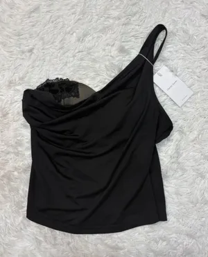 NWT Charlie suede London Black Draped Lace-Trim Top thumbnail 1