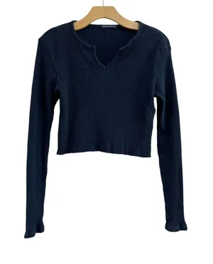 Brandy Melville Navy Ribbed Crop Sweater‎ Raw Hem V Neck Cotton Top OS thumbnail 1
