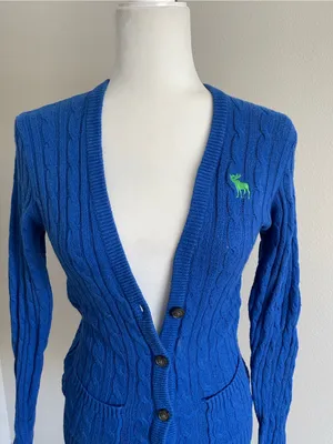 Abercrombie & Fitch Royal Blue Cable-Knit V-Neck Cardigan with Green Logo thumbnail 2