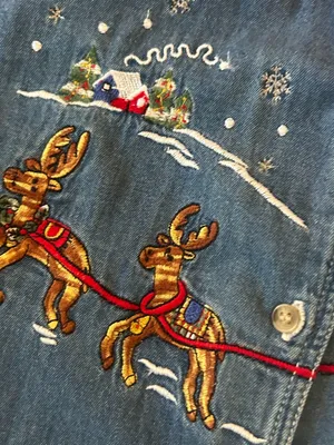 Y2K Bobbie Brooks Santa Reindeer Embroidered Denim Button-Down Shirt Size Large thumbnail 6