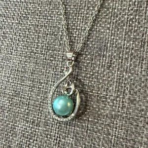 Blue Faux Tahitian Pearl Diamond Silver Necklace 20" thumbnail 3