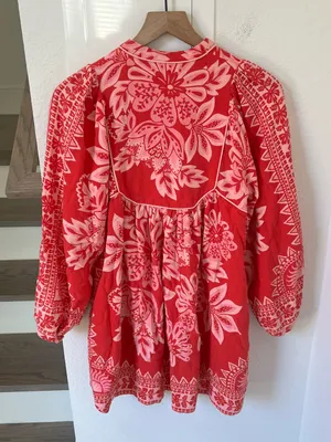 Farm Rio Linen Mini Dress Flora Tapestry Anthropologie Bracelet Long Sleeve Pink thumbnail 4