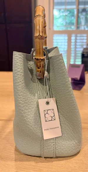 Pretty Persuasions Bamboo Handle Pebble Leather Bucket‎ Sage Green Crossbody NwT thumbnail 1
