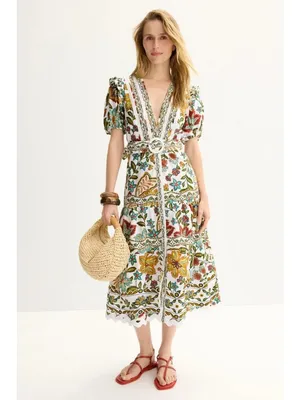 FARM Rio Botanicals Belted Midi Dress in Small Womens Cotton Poplin Floral thumbnail 3