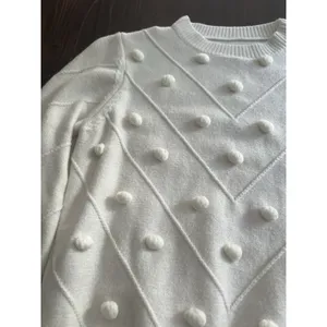 Cream Pom Pom‎ Chevron Knit Crewneck Sweater Puff Long Sleeve Cable Pullover XS thumbnail 2