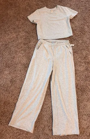 Harmony Balance 2 Piece Lounge Set Crop Top Wide Leg Pants Gray Size Small NWT thumbnail 1