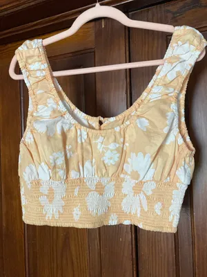 American Eagle Outfitters Orange Floral Smocked Crop Tank thumbnail 2