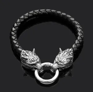 Viking Wolf Head Leather Bracelet 8.2 inches Black thumbnail 1