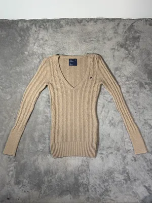 Vintage Y2K American Eagle Tan Cable Knit V-Neck Sweater Small Wool Blend Preppy thumbnail 3