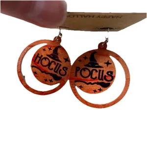 Halloween Orange "Hocus Pocus" Wood Earrings 3 1/4" Brand New Witches Spooky thumbnail 3
