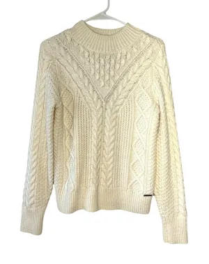 Abercrombie & Fitch Cream cable-knit mock neck sweater Sz S Preppy thumbnail 1