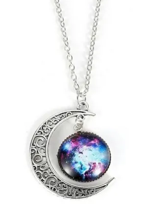 Galaxy & Silver Moon Dangle Pendant Necklace thumbnail 1