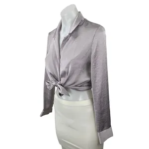 Aritzia Wilfred Purple Lilac Silk Satin Long Sleeve Crop Tie Button Up Shirt XS thumbnail 3