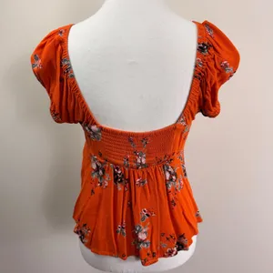 Free People Close To You Orange Floral Puff Sleeve Smocked Peplum Top Small thumbnail 4