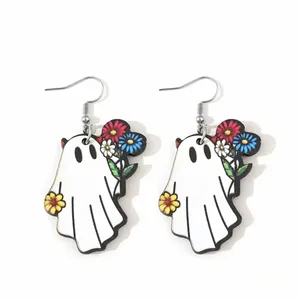 White Ghost Colorful Flower Design‎ Dangle Halloween Earrings Wooden Jewelry thumbnail 10