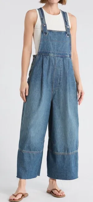 Free People We The Free Ghost Ranch Denim Overalls Light Wash Blue Wide Leg M thumbnail 1
