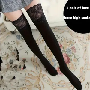 Black Thigh High Lace Top Stockings‎ Calf Socks with Warm Slim One Size thumbnail 7