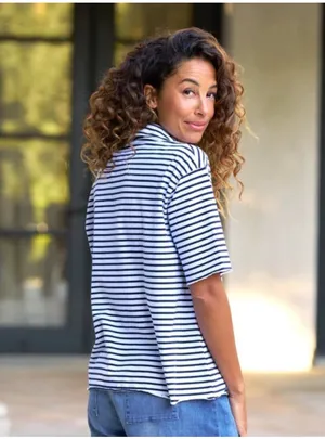Frank & Eileen Patty Popover Henley Navy French Stripe Size L thumbnail 9