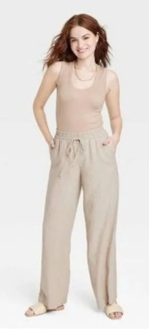 A New Day High-Rise Wide Leg Linen Pull-On Pants Beige thumbnail 1