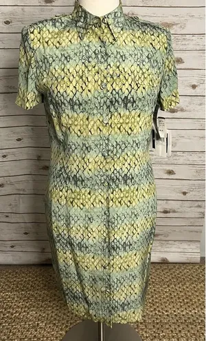 Vintage 100% silk reptile print midi dress Size 16 yellow green button up safari thumbnail 1