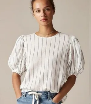 J.CREW Puff Sleeve Top Sheer Gauze Nautical Stripe Small NWT Coastal Prep Vacay thumbnail 1