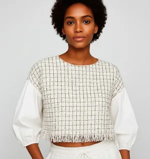 Zara Tweed Fringe Boxy Crop Top White Black Check Balloon‎ Sleeve Blouse XL New thumbnail 1
