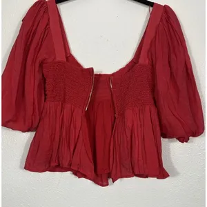 Sofie the label Red Puff Sleeve Smocked Ruffle Cropped Top Square Neck Size S thumbnail 7