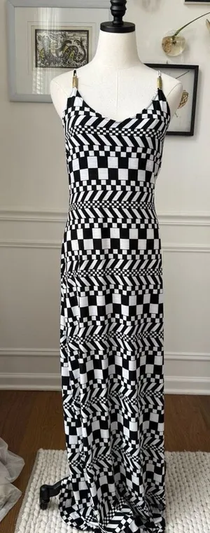 Vintage 90s Y2K Silvergate Black White Psychedelic Check Stretchy Column Indie S thumbnail 1