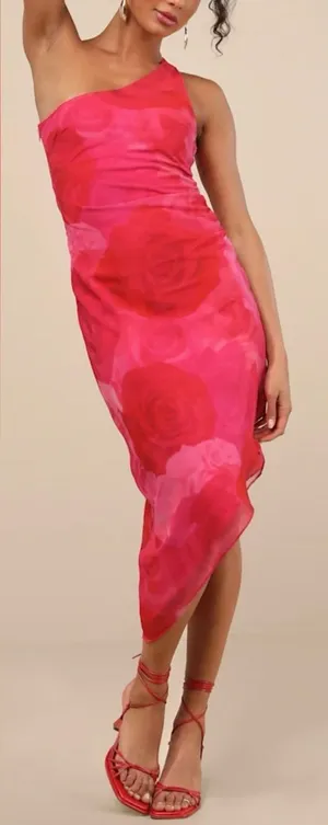 NWT Lulus Medium Pretty Serene Pink Floral One-Shoulder Asymmetrical Midi Dress thumbnail 1