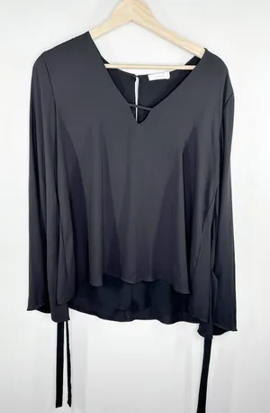 Lush‎ Black Long Sleeve Keyhole V-Neck Tie Detail Blouse Women's Size Large L thumbnail 1
