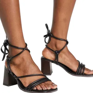 ASOS Sandals Size 7 Black Y2K Strappy Ankle Tie Block Heel Faux Leather thumbnail 1