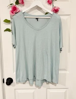 NIC+ZOE Aqua Blue Linen Blend Relaxed Coastal V Neck Plus Size Top Tunic XXL thumbnail 1